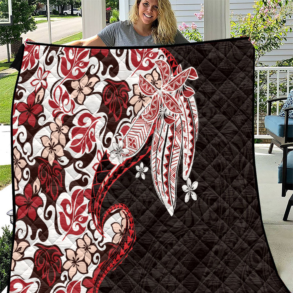 Monstera Plumeria Flowers Red Quilt Polynesian Pattern