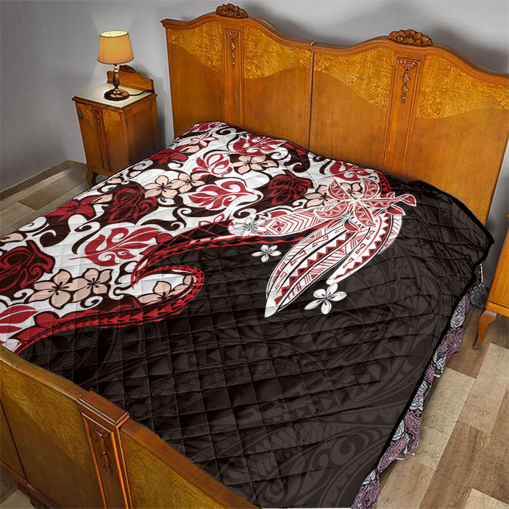 Monstera Plumeria Flowers Red Quilt Polynesian Pattern