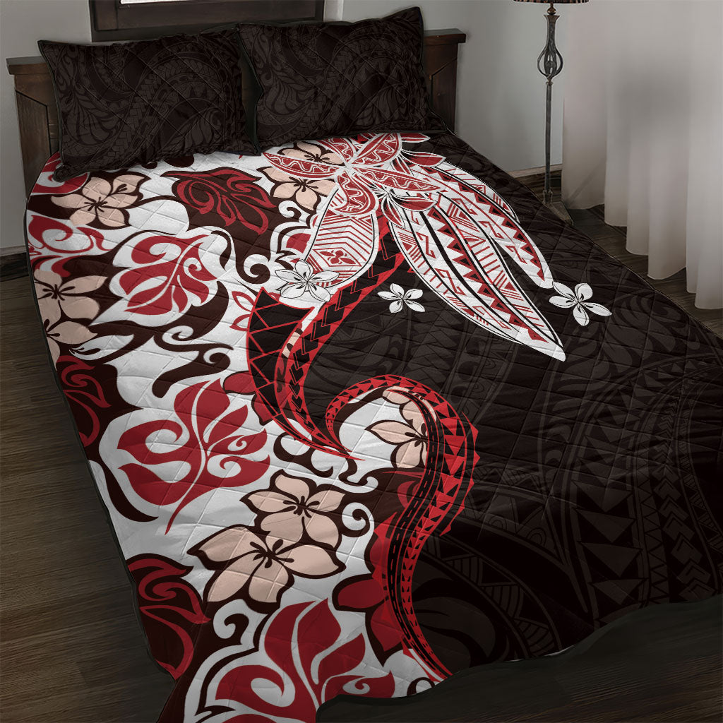Monstera Plumeria Flowers Red Quilt Bed Set Polynesian Pattern