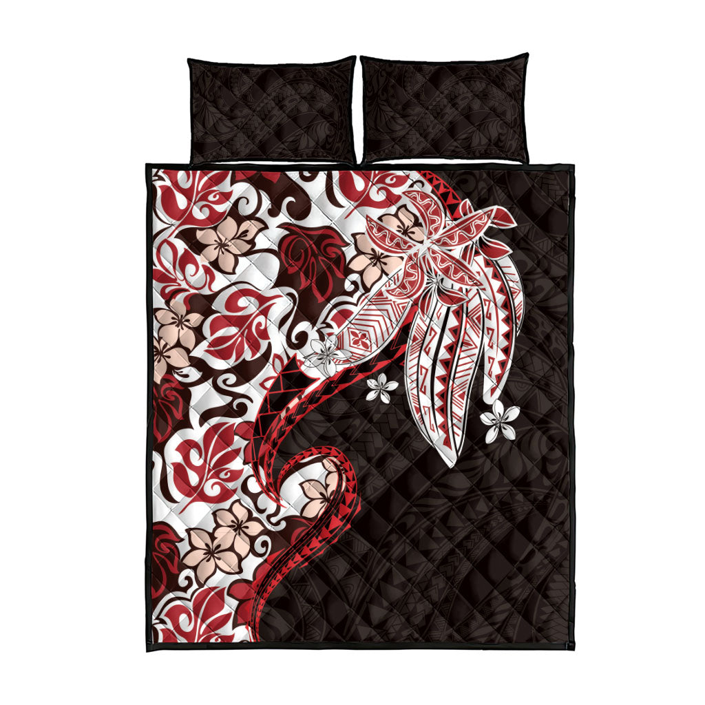 Monstera Plumeria Flowers Red Quilt Bed Set Polynesian Pattern