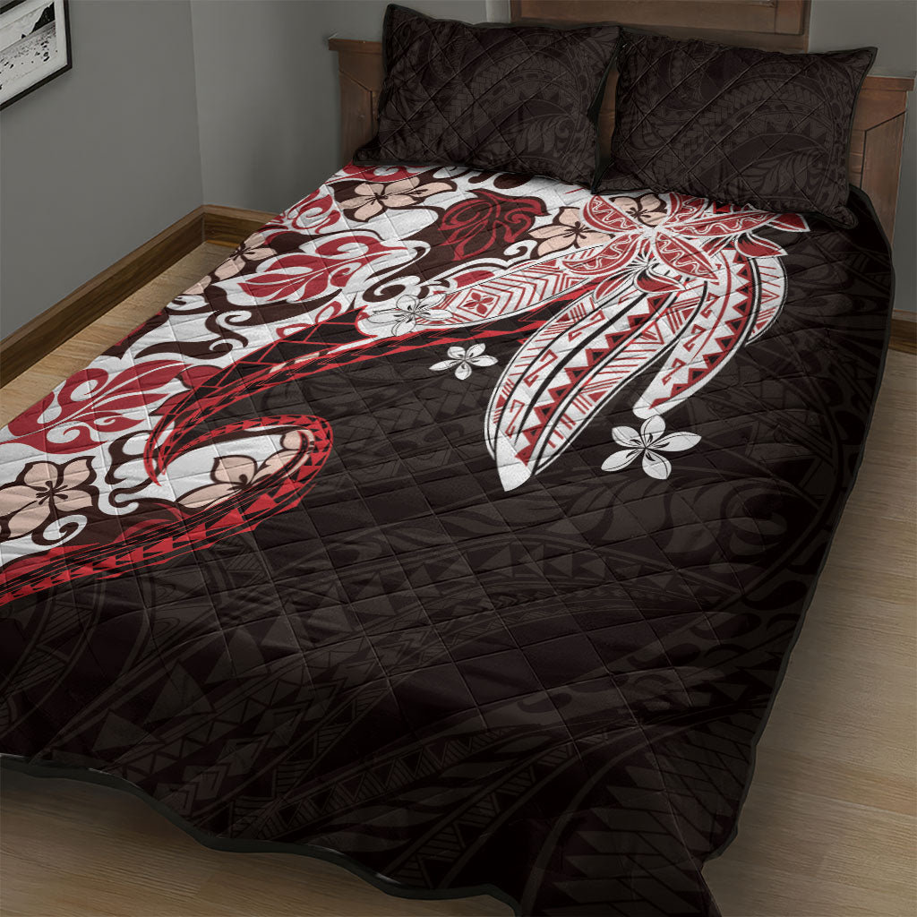 Monstera Plumeria Flowers Red Quilt Bed Set Polynesian Pattern