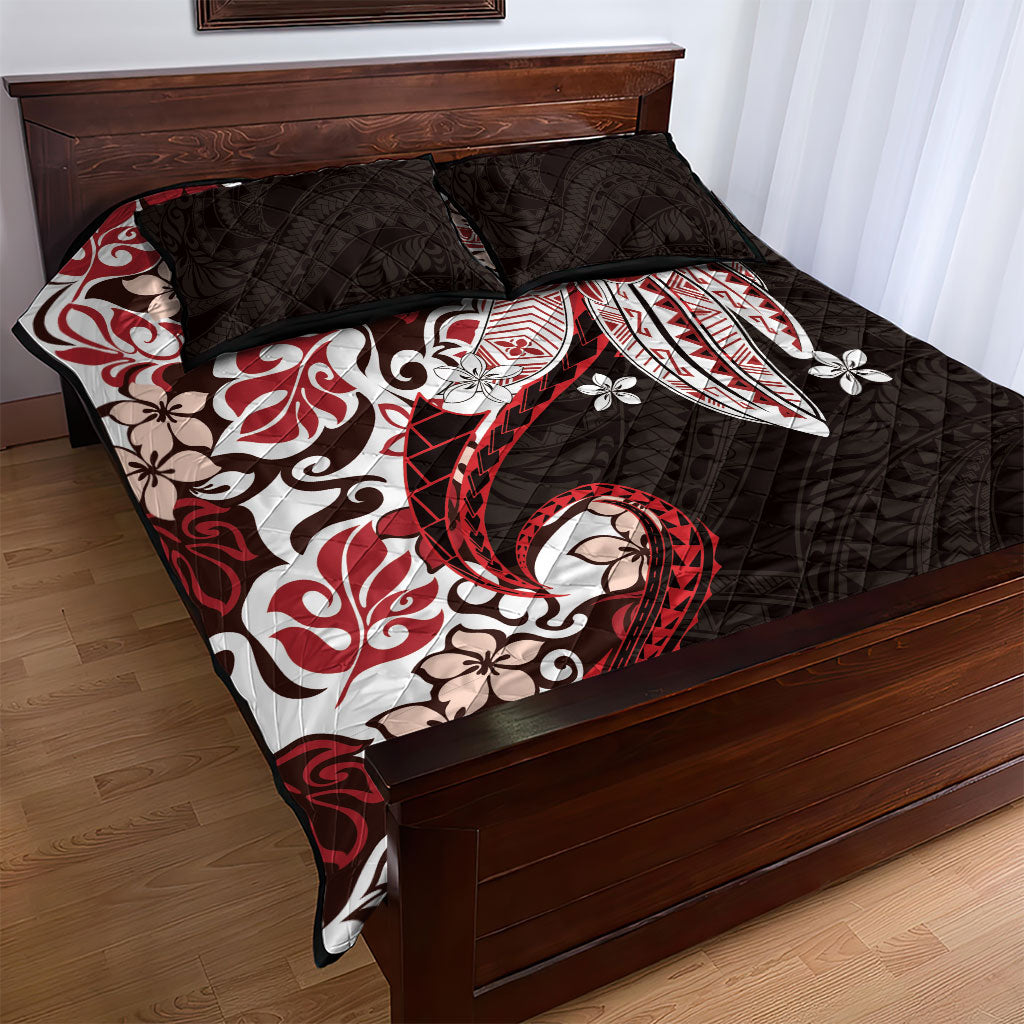 Monstera Plumeria Flowers Red Quilt Bed Set Polynesian Pattern