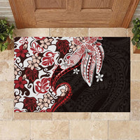 Monstera Plumeria Flowers Red Rubber Doormat Polynesian Pattern