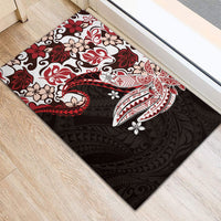 Monstera Plumeria Flowers Red Rubber Doormat Polynesian Pattern