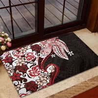 Monstera Plumeria Flowers Red Rubber Doormat Polynesian Pattern