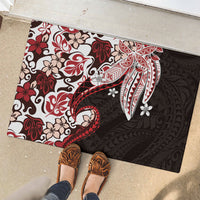 Monstera Plumeria Flowers Red Rubber Doormat Polynesian Pattern