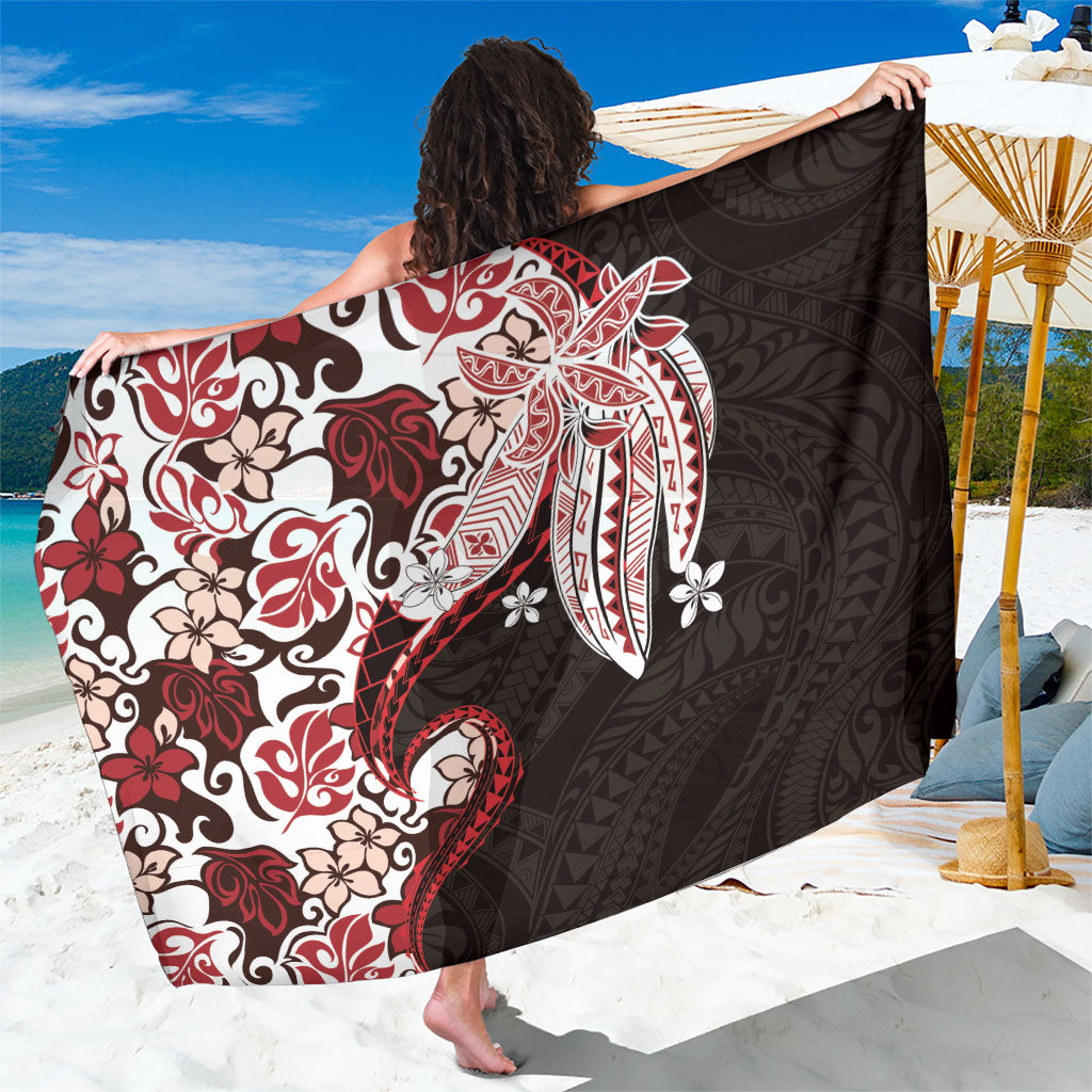 Monstera Plumeria Flowers Red Sarong Polynesian Pattern