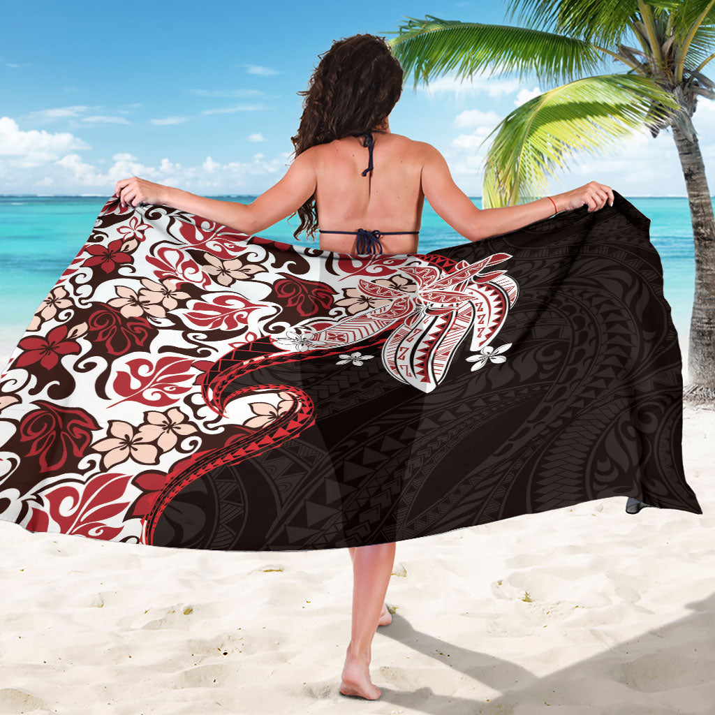 Monstera Plumeria Flowers Red Sarong Polynesian Pattern