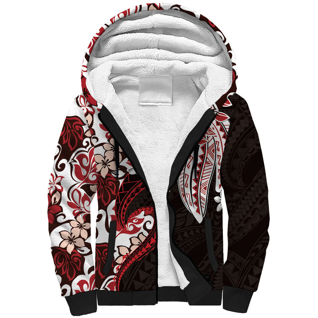 Monstera Plumeria Flowers Red Sherpa Hoodie Polynesian Pattern LT01 Unisex Red - Polynesian Pride