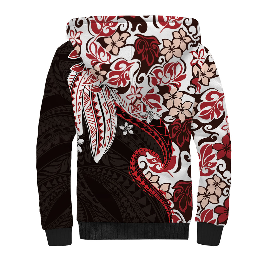 Monstera Plumeria Flowers Red Sherpa Hoodie Polynesian Pattern LT01 - Polynesian Pride