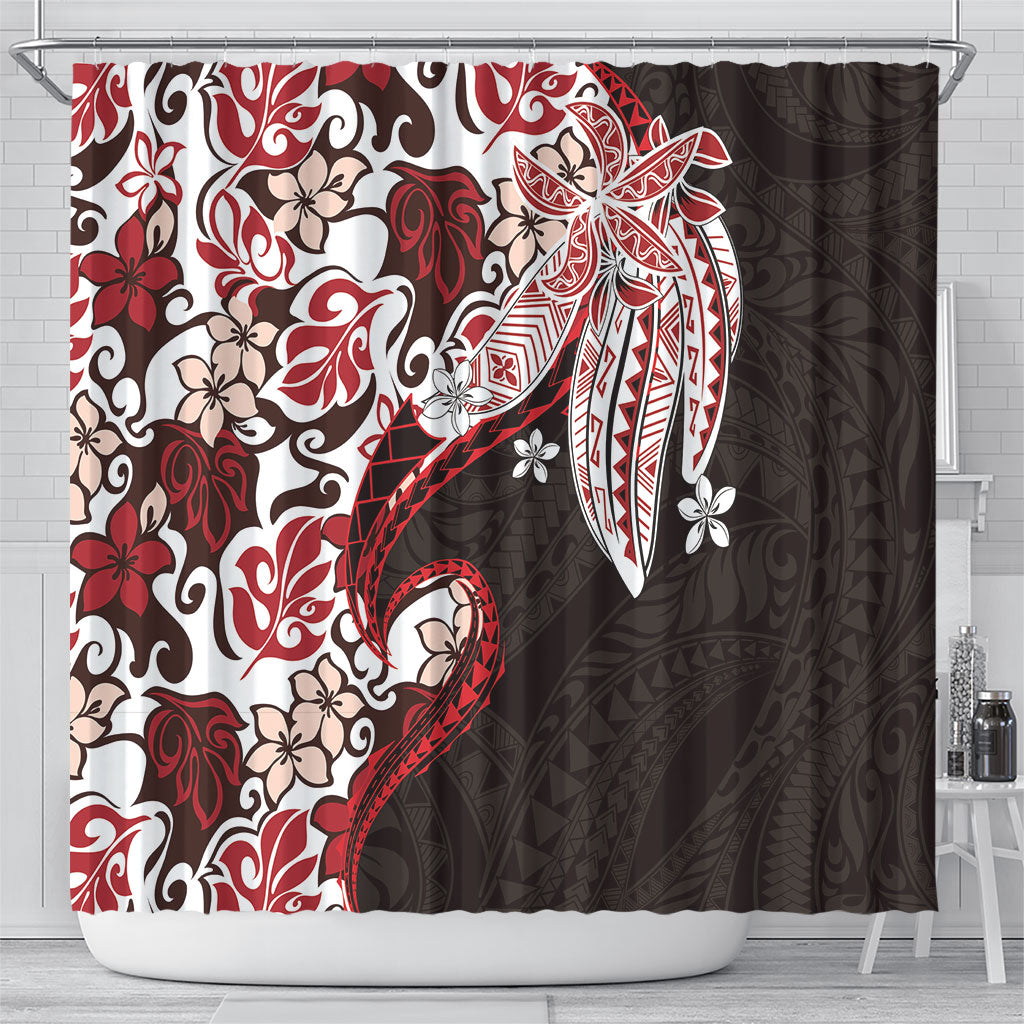 Monstera Plumeria Flowers Red Shower Curtain Polynesian Pattern