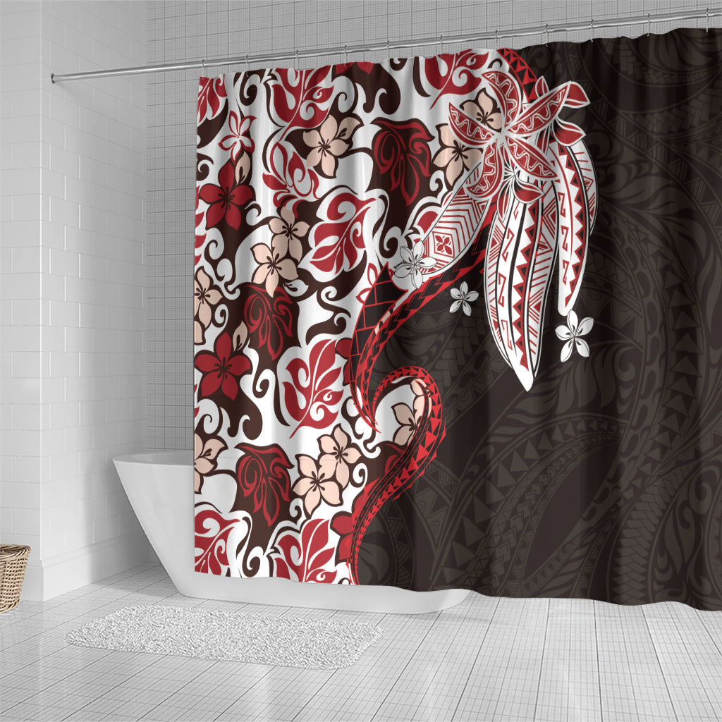 Monstera Plumeria Flowers Red Shower Curtain Polynesian Pattern