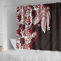 Monstera Plumeria Flowers Red Shower Curtain Polynesian Pattern