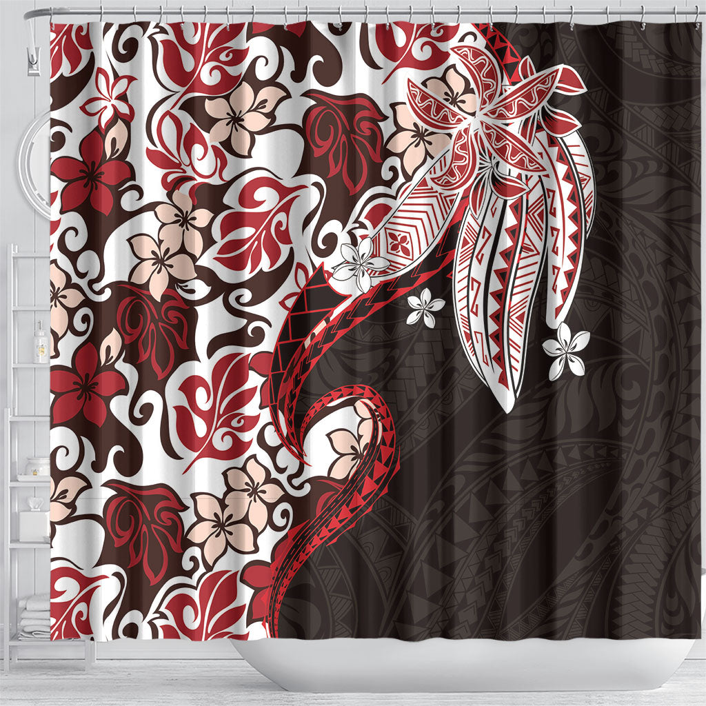 Monstera Plumeria Flowers Red Shower Curtain Polynesian Pattern