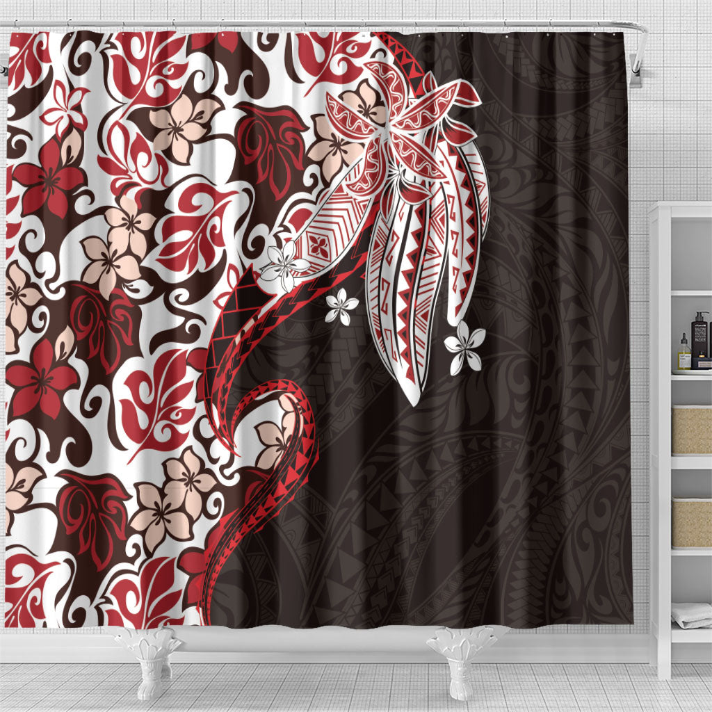 Monstera Plumeria Flowers Red Shower Curtain Polynesian Pattern