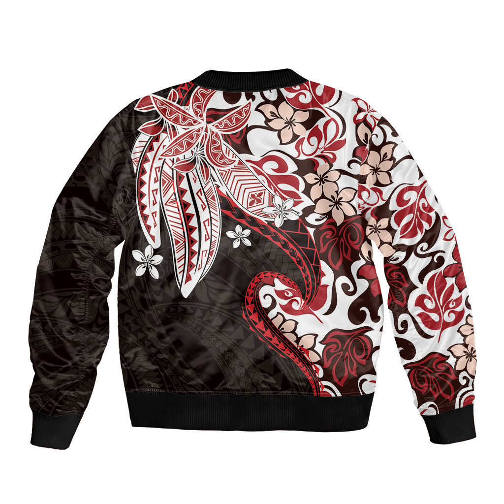 Monstera Plumeria Flowers Red Sleeve Zip Bomber Jacket Polynesian Pattern LT01 - Polynesian Pride