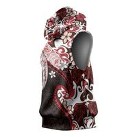 Monstera Plumeria Flowers Red Sleeveless Hoodie Polynesian Pattern