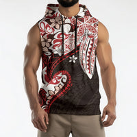 Monstera Plumeria Flowers Red Sleeveless Hoodie Polynesian Pattern