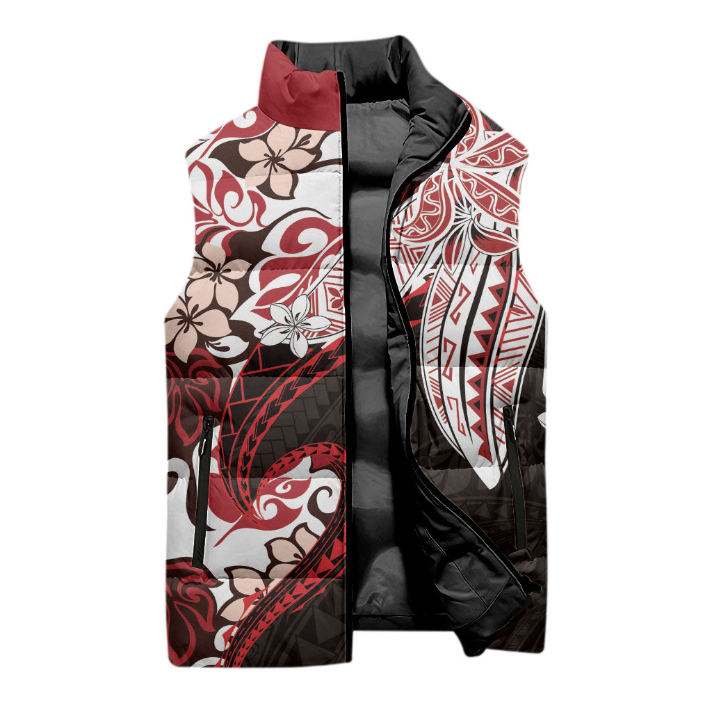 Monstera Plumeria Flowers Red Sleeveless Puffer Jacket Polynesian Pattern LT01 - Polynesian Pride