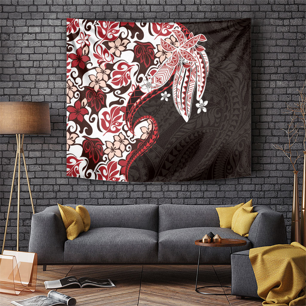 Monstera Plumeria Flowers Red Tapestry Polynesian Pattern