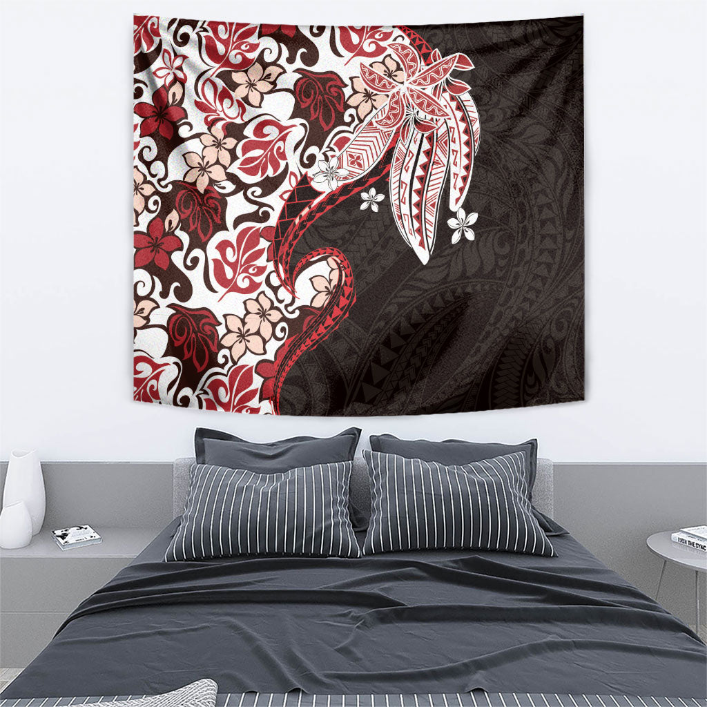 Monstera Plumeria Flowers Red Tapestry Polynesian Pattern