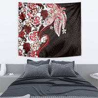 Monstera Plumeria Flowers Red Tapestry Polynesian Pattern