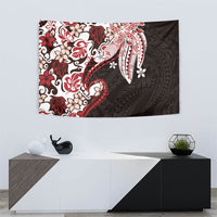 Monstera Plumeria Flowers Red Tapestry Polynesian Pattern