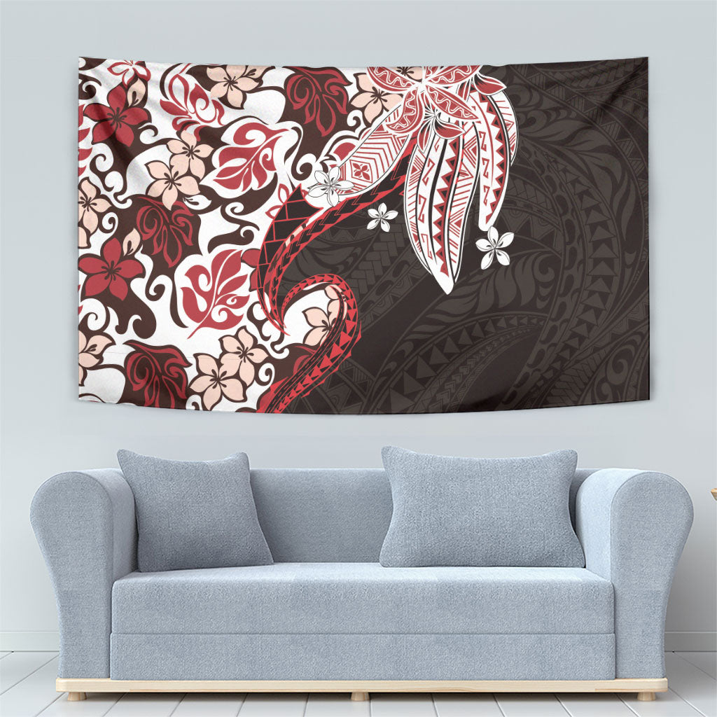 Monstera Plumeria Flowers Red Tapestry Polynesian Pattern