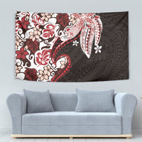 Monstera Plumeria Flowers Red Tapestry Polynesian Pattern