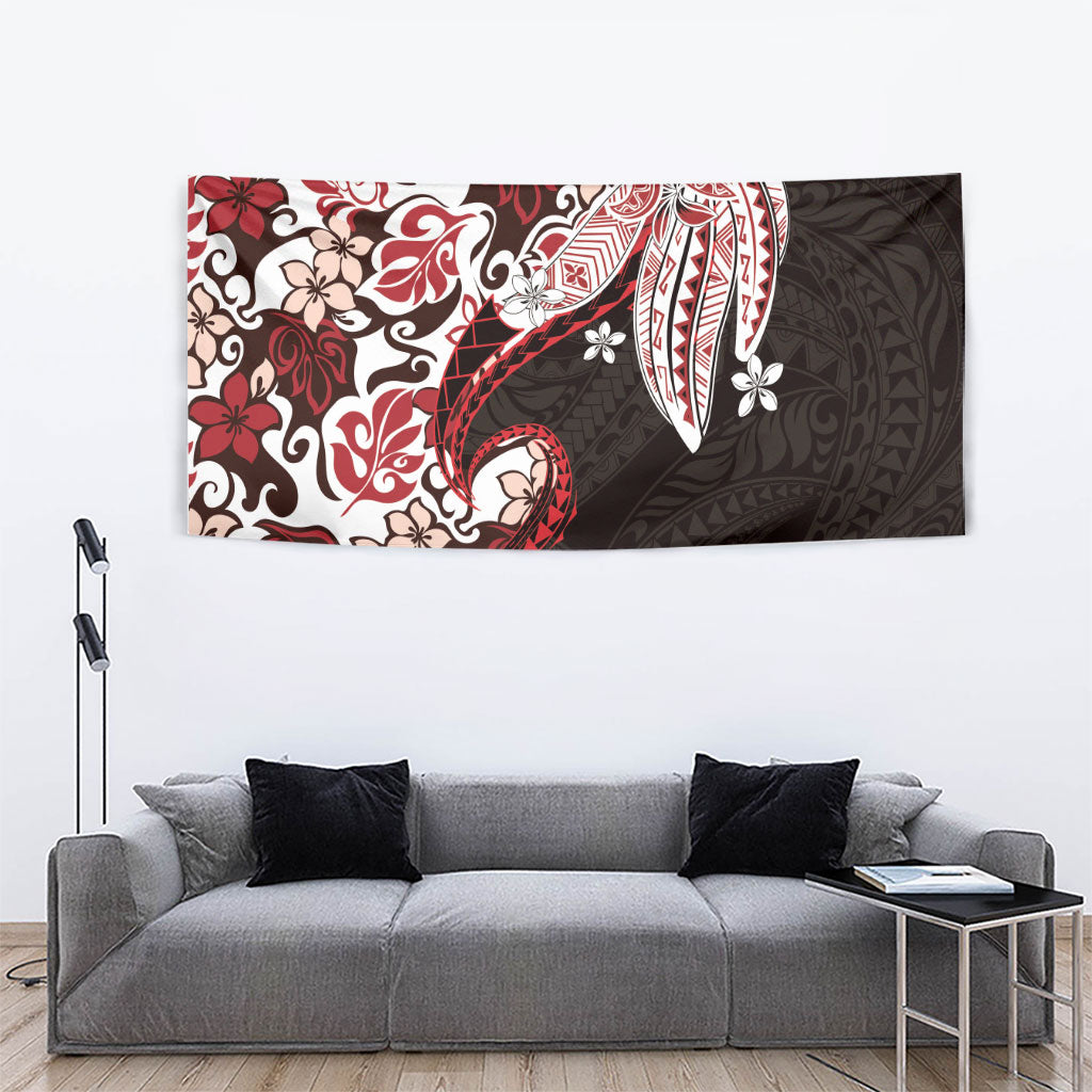 Monstera Plumeria Flowers Red Tapestry Polynesian Pattern
