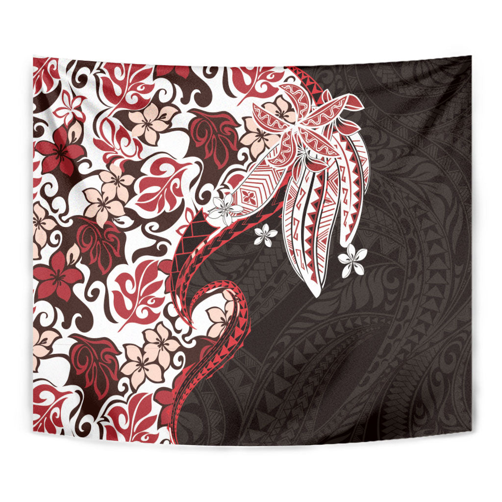 Monstera Plumeria Flowers Red Tapestry Polynesian Pattern