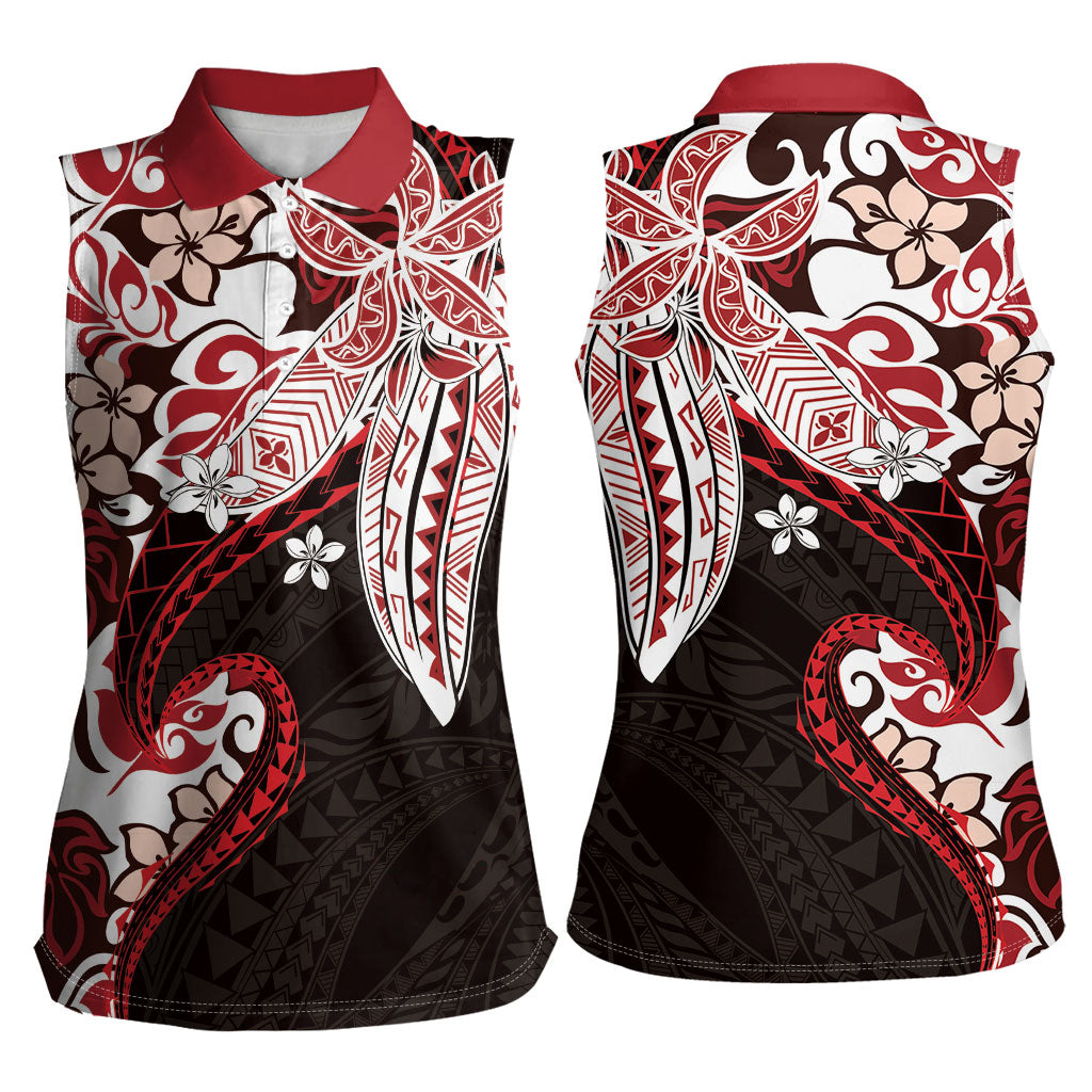 Monstera Plumeria Flowers Red Women Sleeveless Polo Shirt Polynesian Pattern LT01 - Polynesian Pride