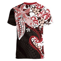 Monstera Plumeria Flowers Red Women V-Neck T-Shirt Polynesian Pattern