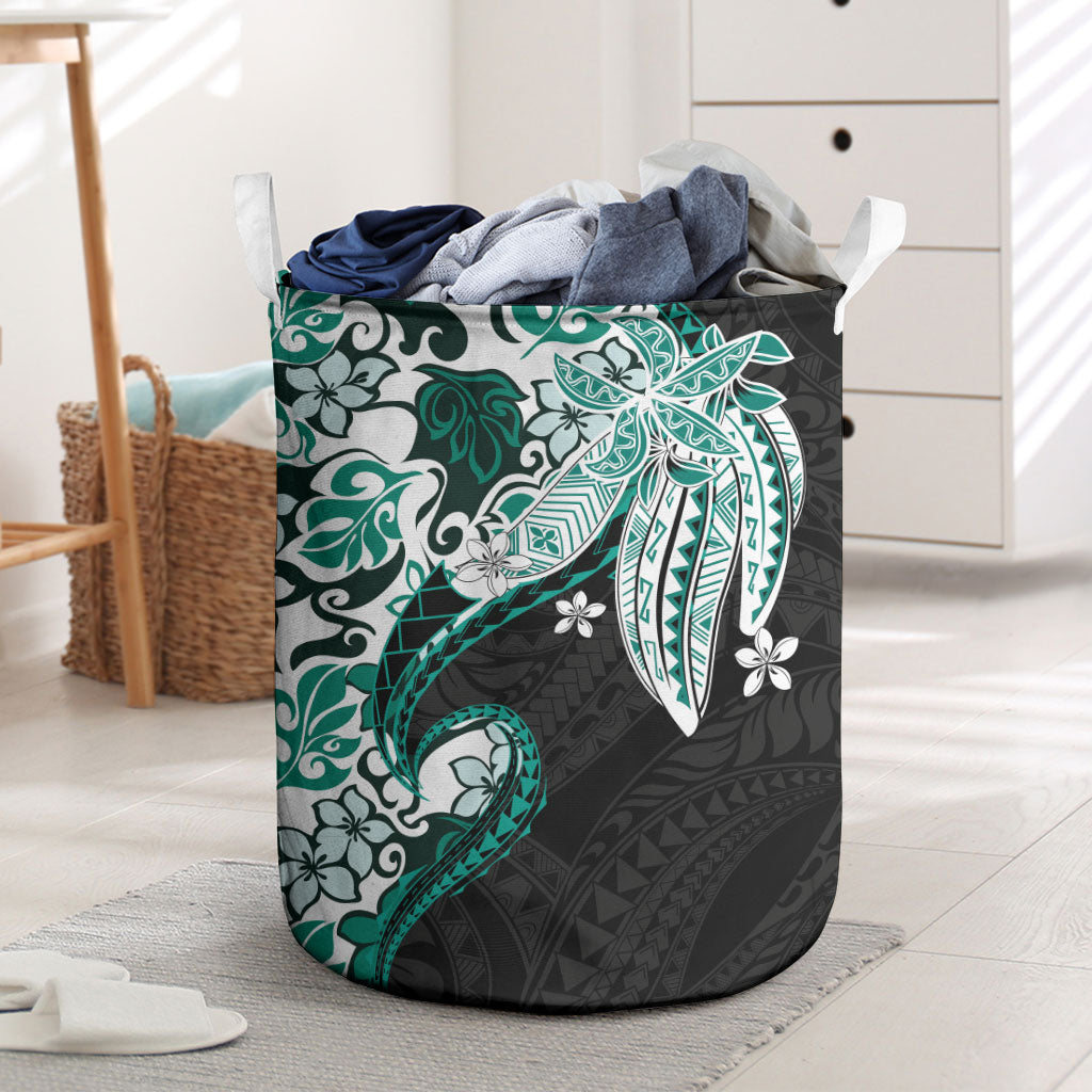 Monstera Plumeria Flowers Teal Laundry Basket Polynesian Pattern