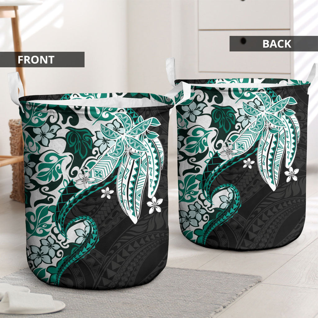 Monstera Plumeria Flowers Teal Laundry Basket Polynesian Pattern