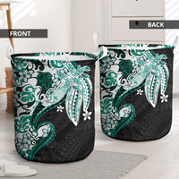 Monstera Plumeria Flowers Teal Laundry Basket Polynesian Pattern