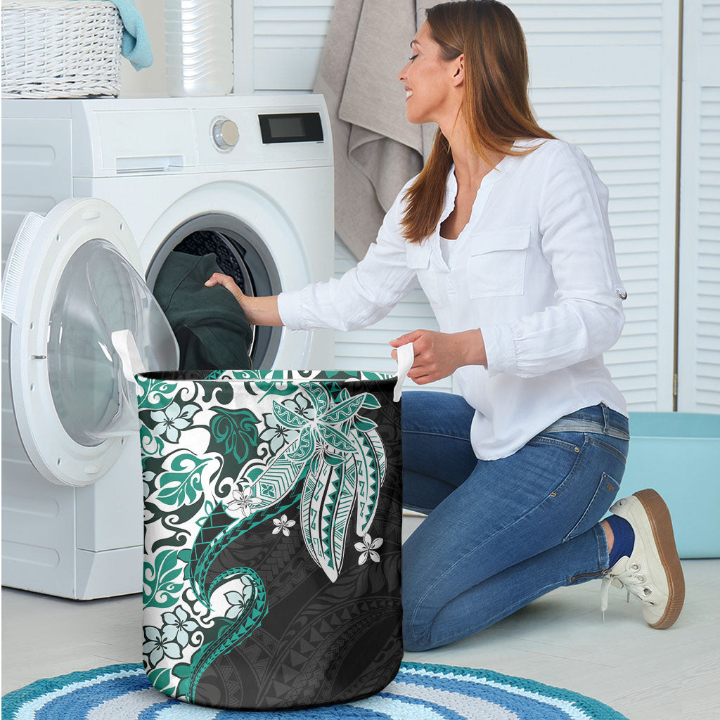 Monstera Plumeria Flowers Teal Laundry Basket Polynesian Pattern