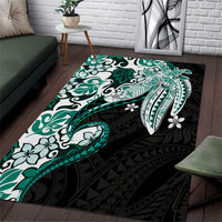 Monstera Plumeria Flowers Teal Area Rug Polynesian Pattern