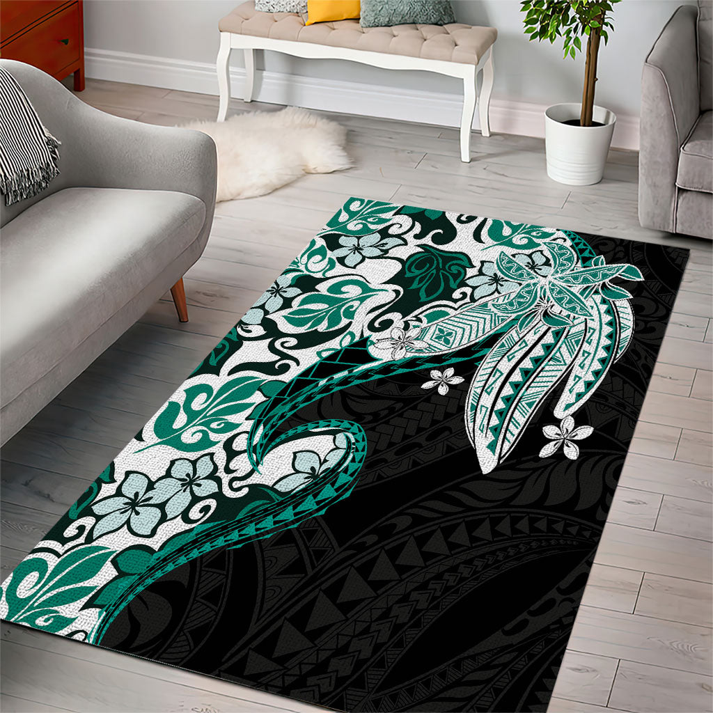 Monstera Plumeria Flowers Teal Area Rug Polynesian Pattern