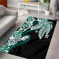 Monstera Plumeria Flowers Teal Area Rug Polynesian Pattern