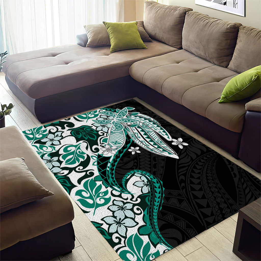Monstera Plumeria Flowers Teal Area Rug Polynesian Pattern