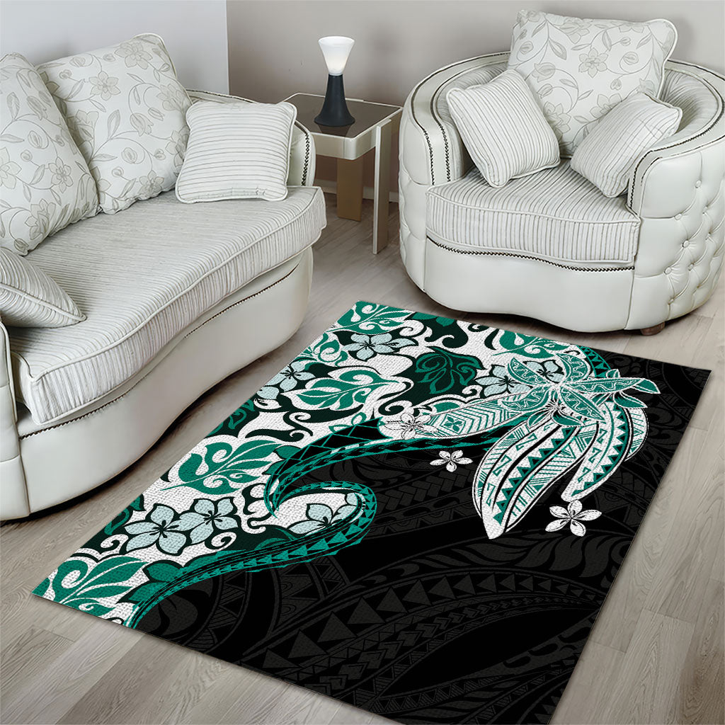 Monstera Plumeria Flowers Teal Area Rug Polynesian Pattern