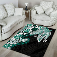 Monstera Plumeria Flowers Teal Area Rug Polynesian Pattern