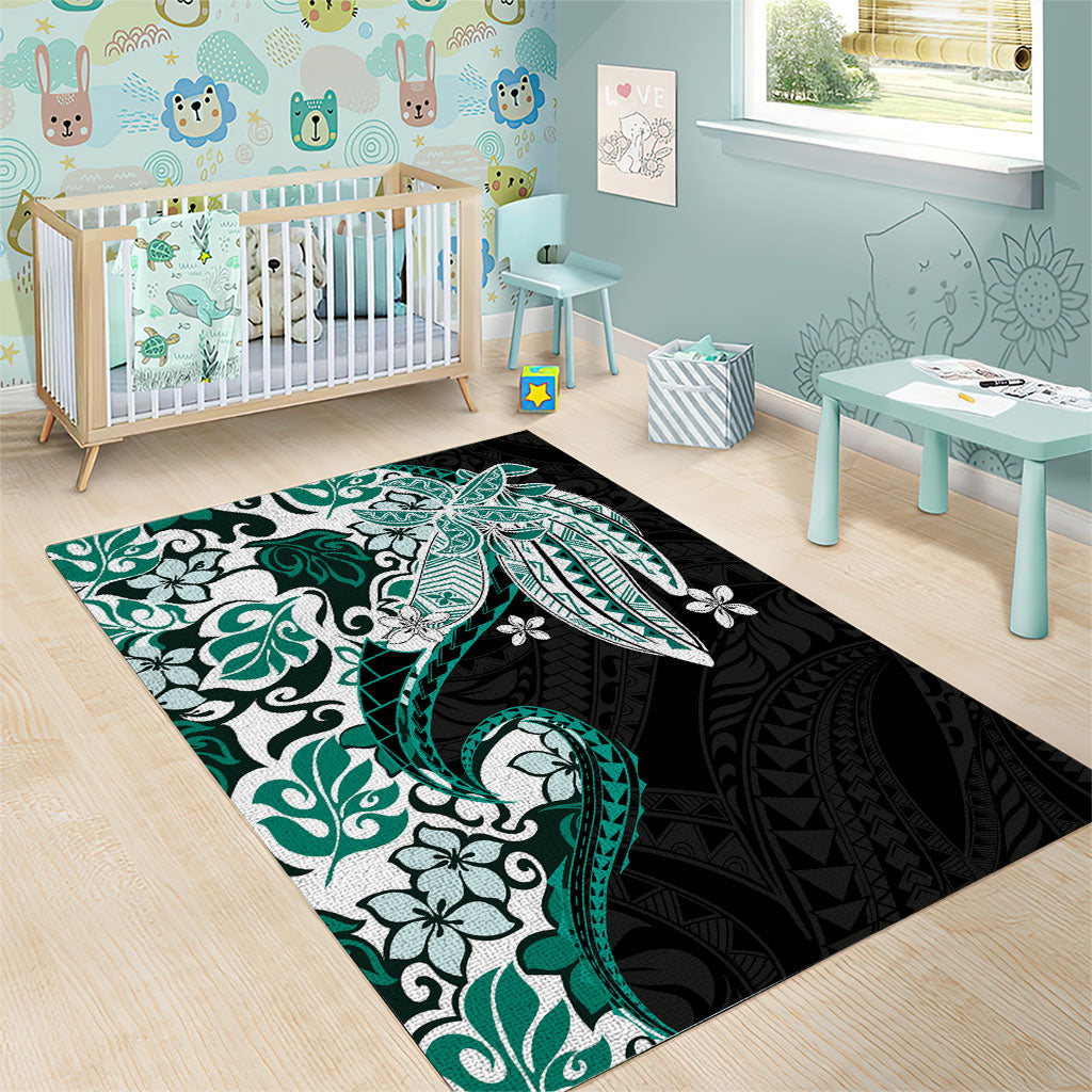 Monstera Plumeria Flowers Teal Area Rug Polynesian Pattern