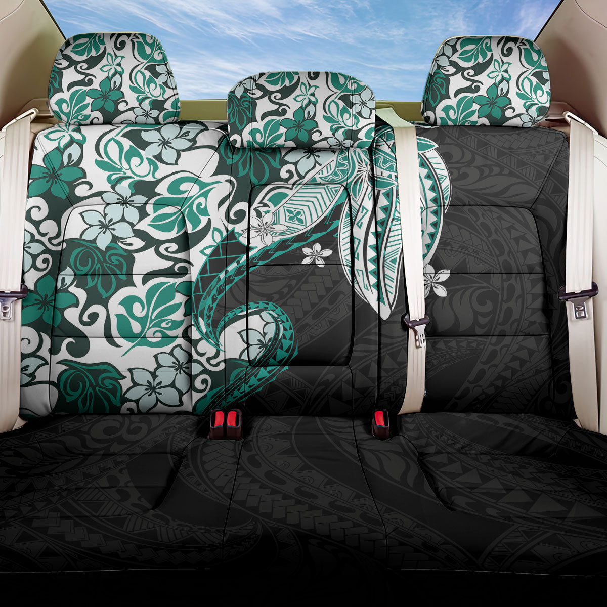 Monstera Plumeria Flowers Teal Back Car Seat Cover Polynesian Pattern LT01 One Size Teal - Polynesian Pride