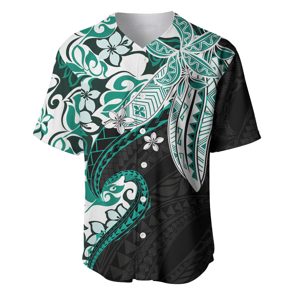Monstera Plumeria Flowers Teal Baseball Jersey Polynesian Pattern