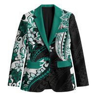 Monstera Plumeria Flowers Teal Blazer Polynesian Pattern