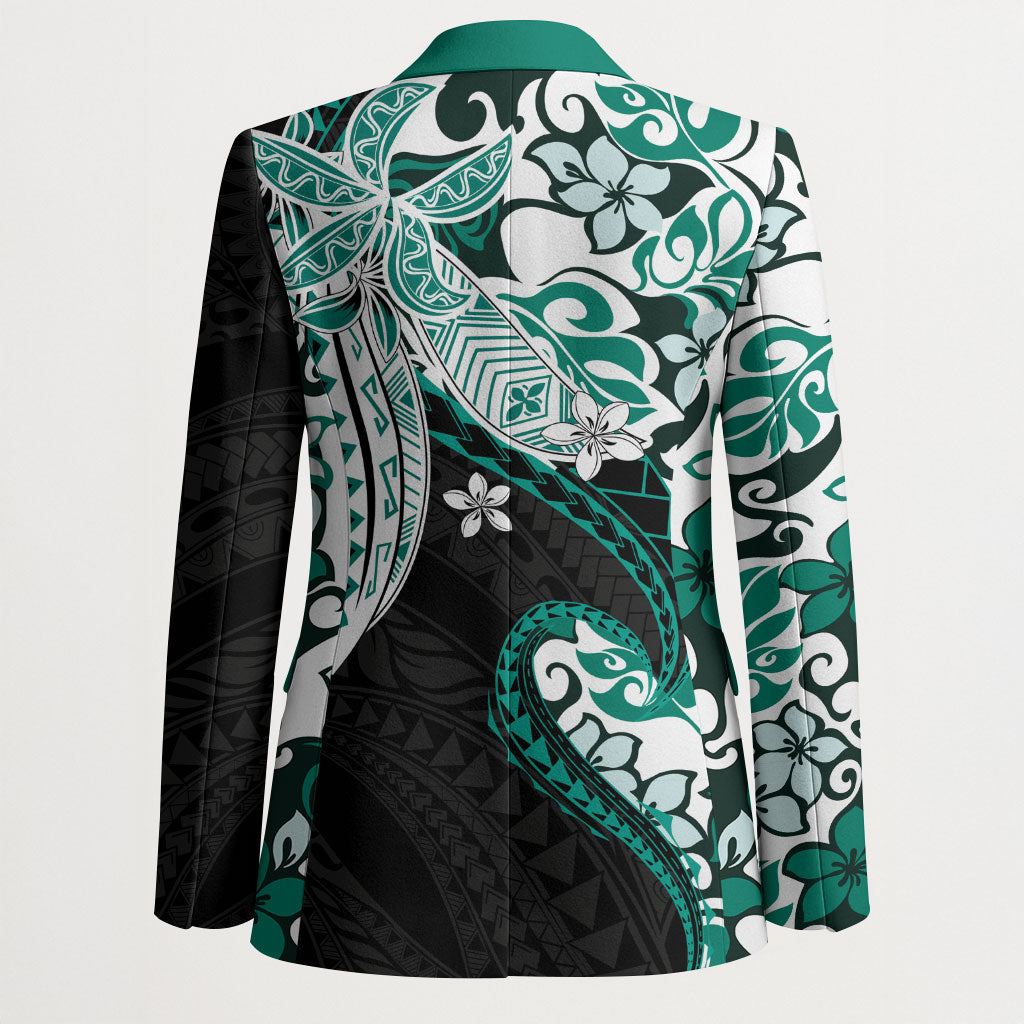 Monstera Plumeria Flowers Teal Blazer Polynesian Pattern