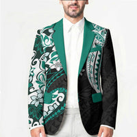 Monstera Plumeria Flowers Teal Blazer Polynesian Pattern