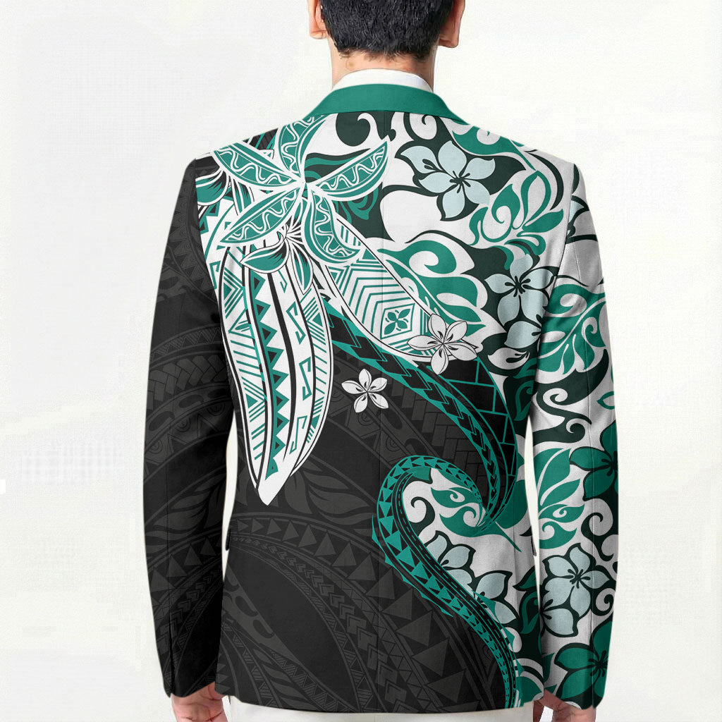 Monstera Plumeria Flowers Teal Blazer Polynesian Pattern